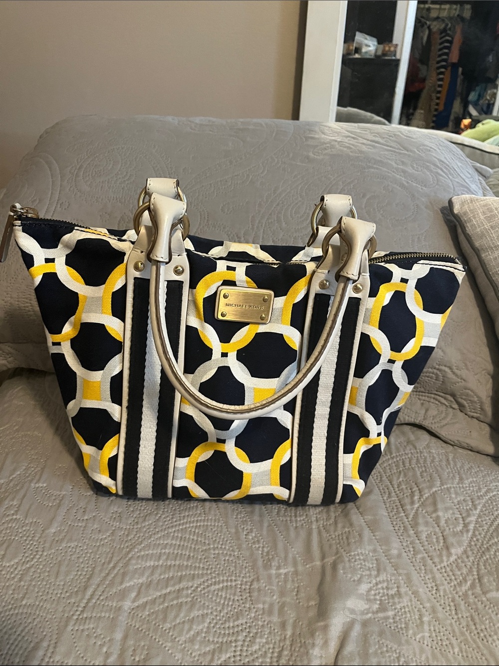 Michael Kors Navy, White & Yellow Geo Print Tote with Cream Handles